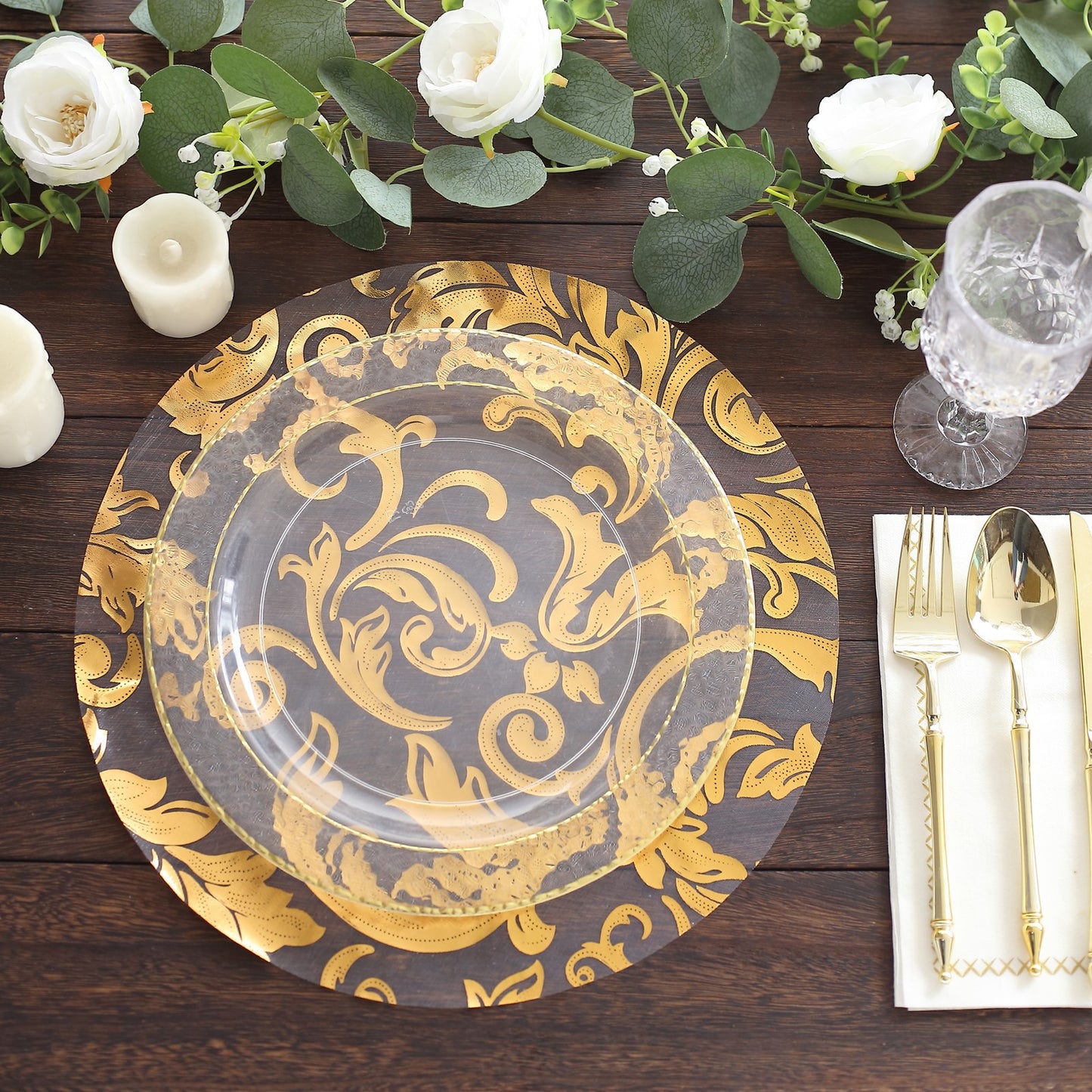 10-Pack Table Placemats Swirl Foil Floral Design Metallic Gold Round - Sheer Organza Disposable Mats 13"