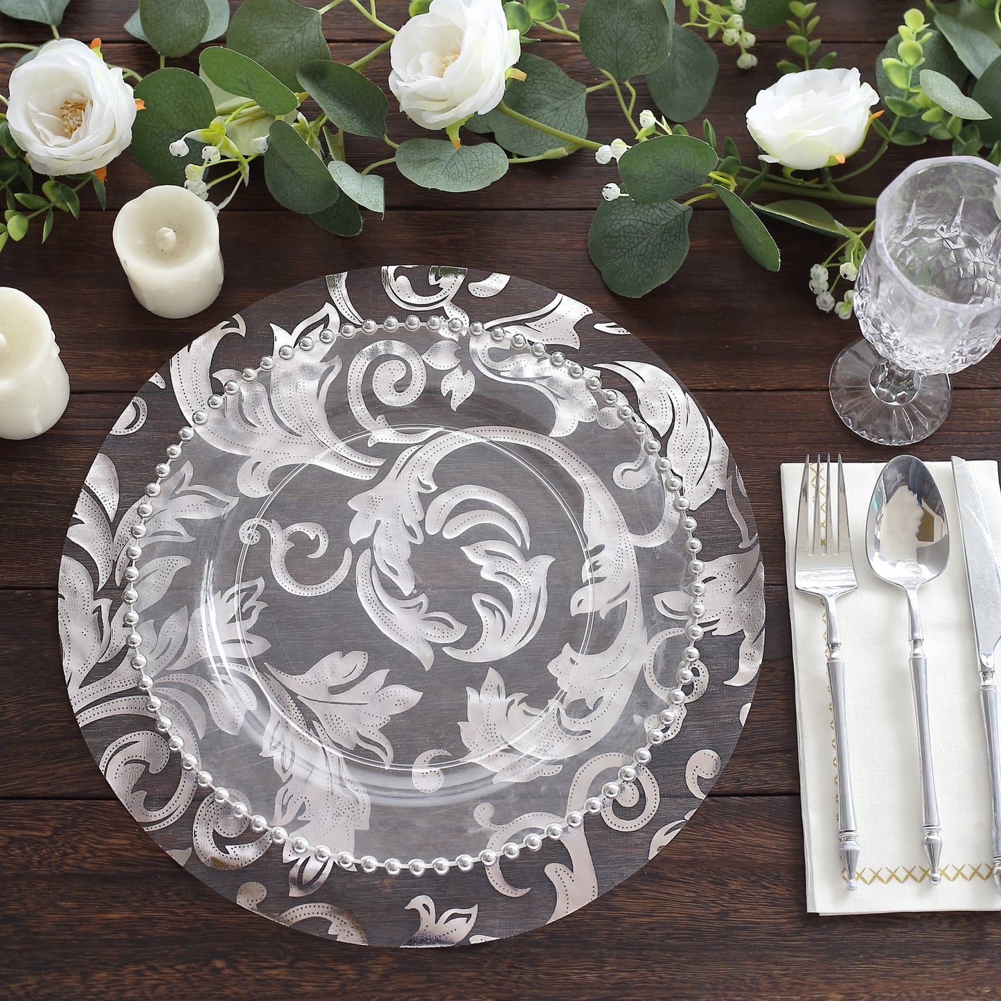 10-Pack Table Placemats Swirl Foil Floral Design Metallic Silver Round - Sheer Organza Disposable Mats 13"