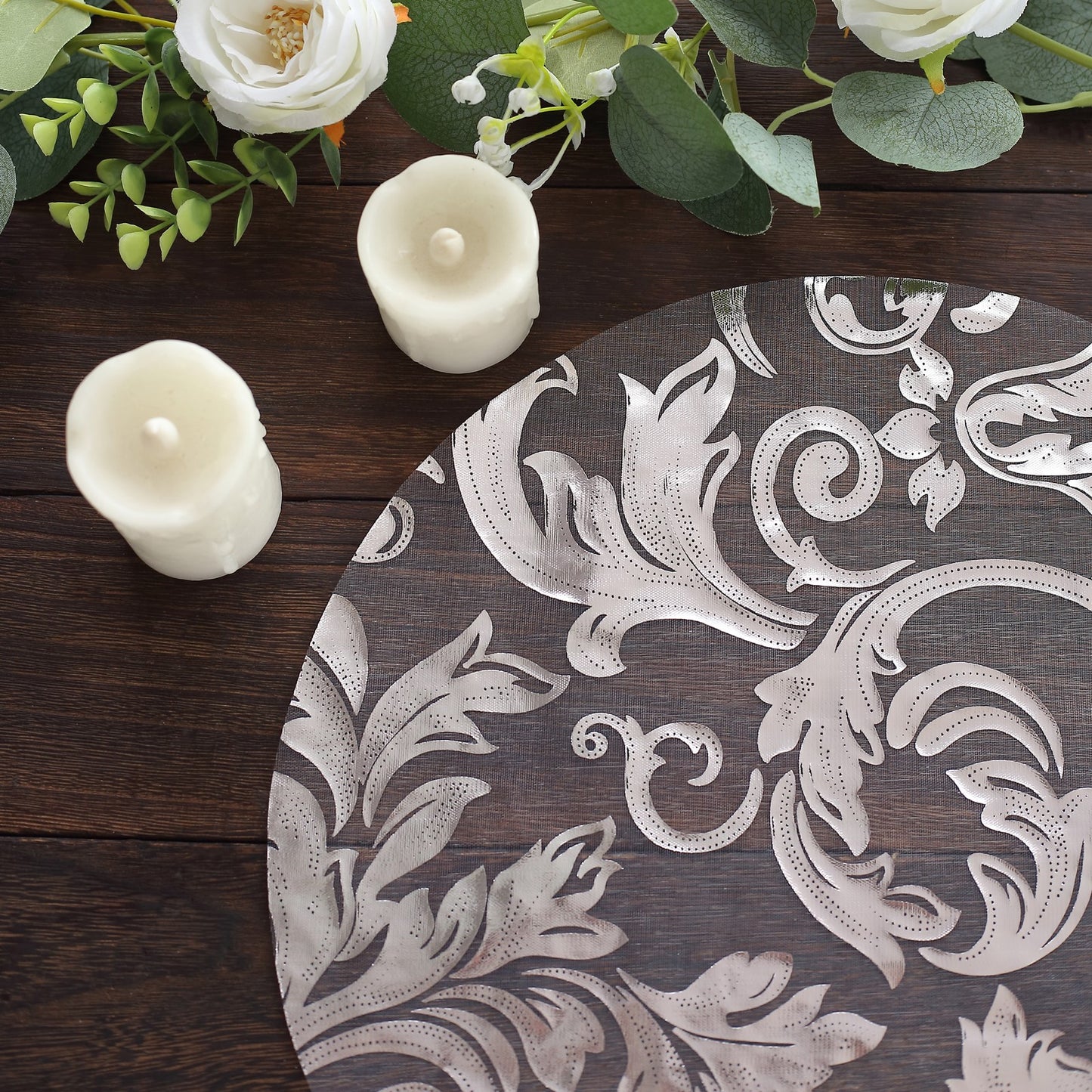 10-Pack Table Placemats Swirl Foil Floral Design Metallic Silver Round - Sheer Organza Disposable Mats 13"