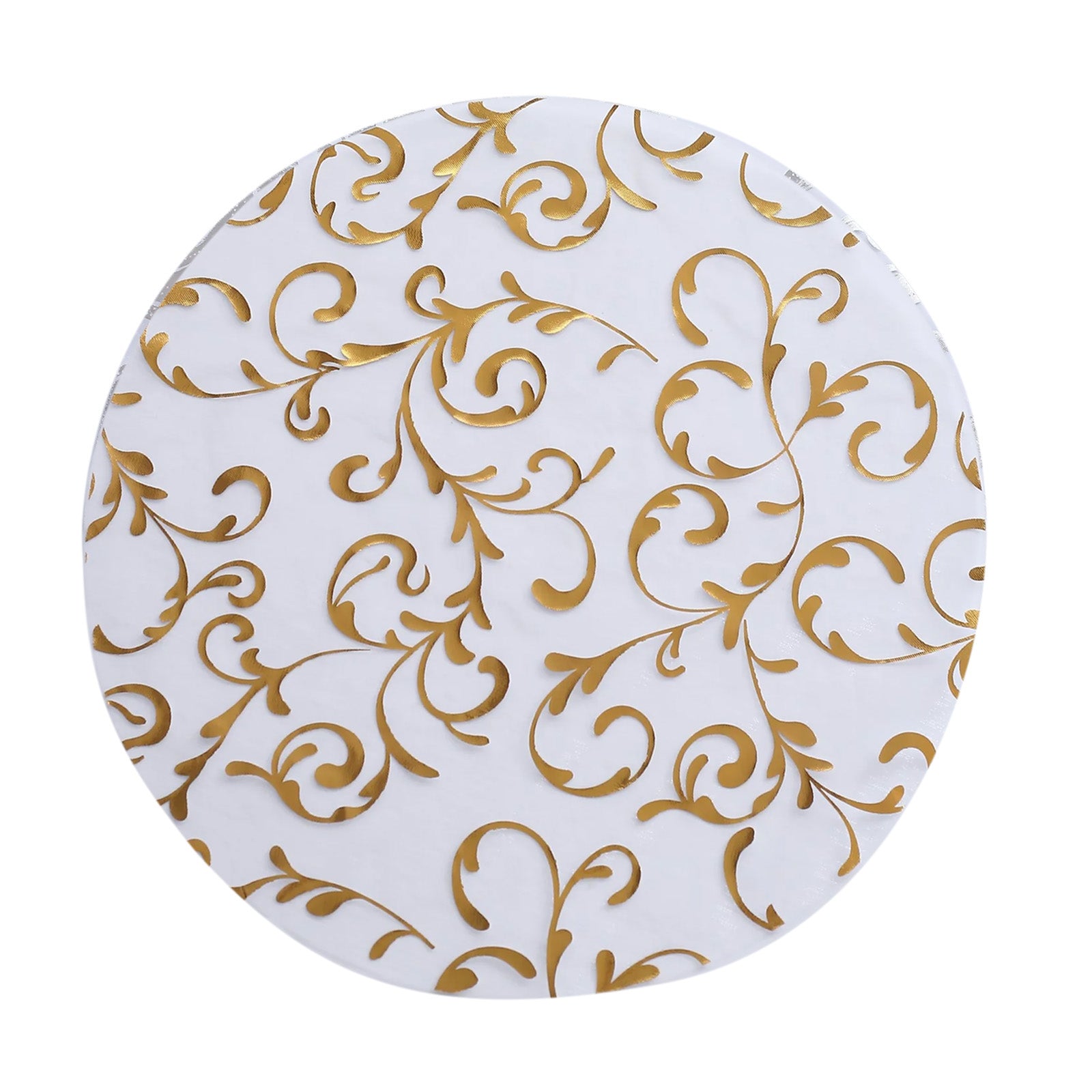 Metallic gold sheer organza dining table mats with embossed floral design.