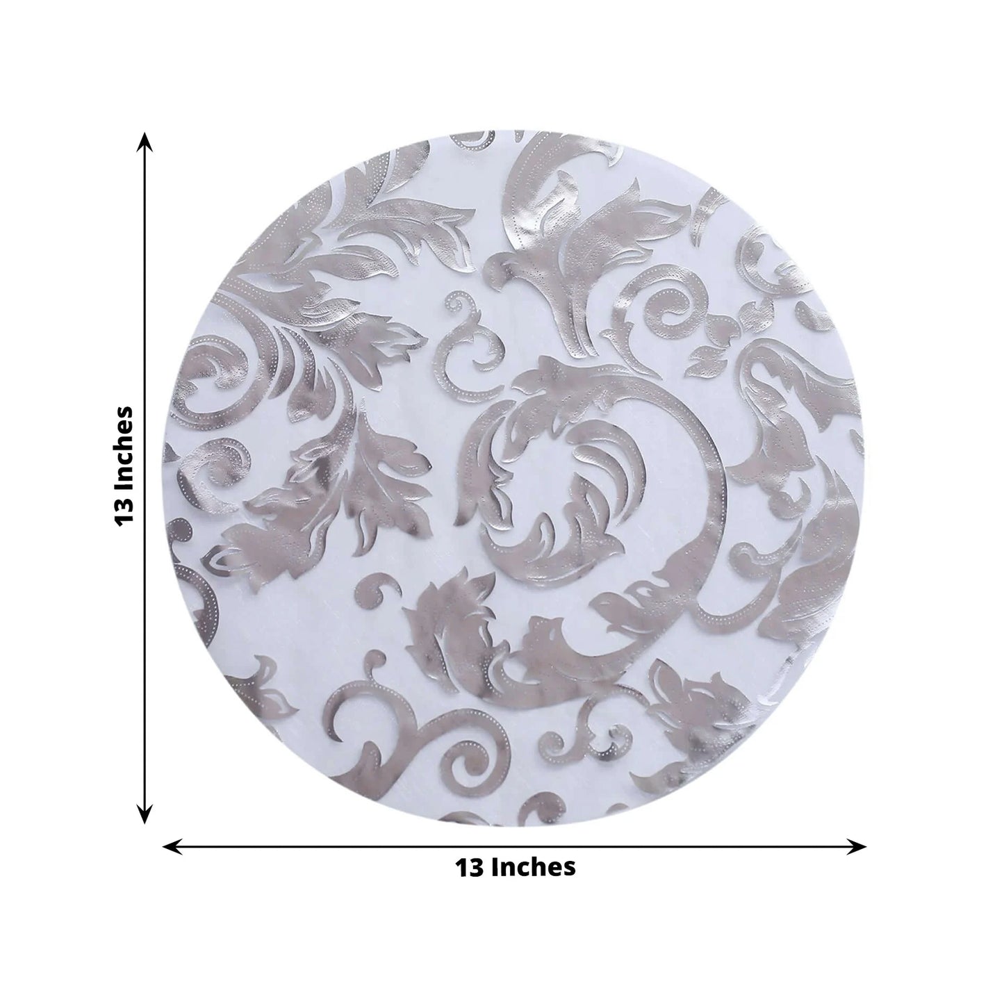 50-Pack Table Placemats Swirl Foil Floral Design Metallic Silver Round - Sheer Organza Disposable Mats 13"