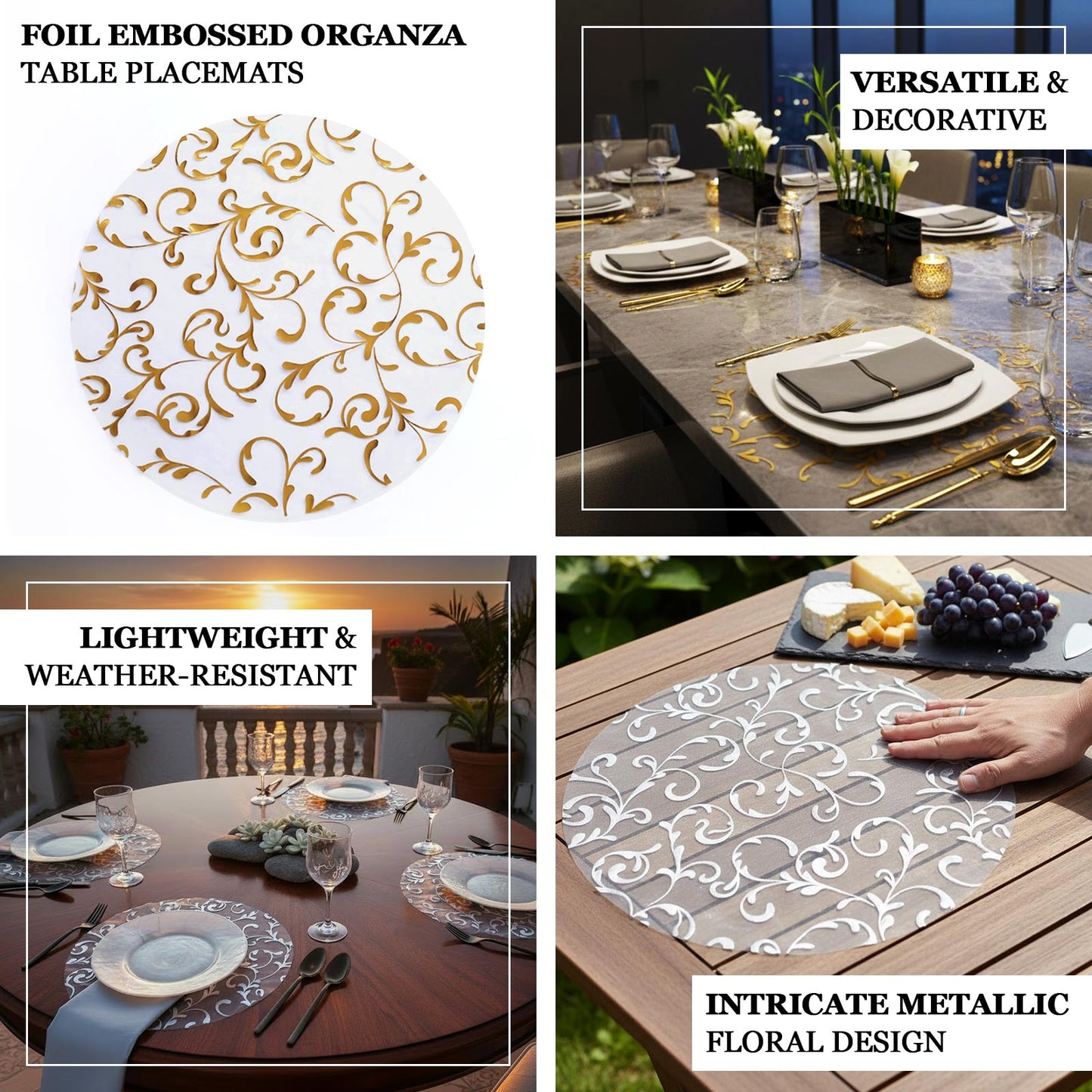 Metallic gold sheer organza placemats with embossed floral design.