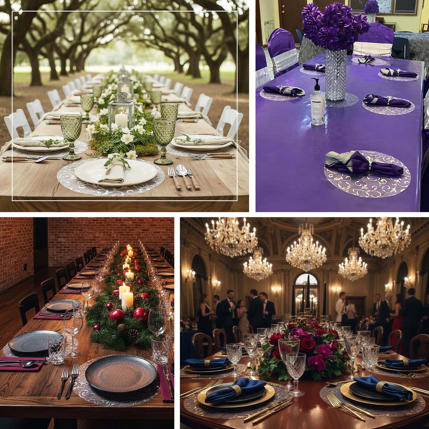 Metallic gold sheer organza dining table mats with embossed foil flower design.