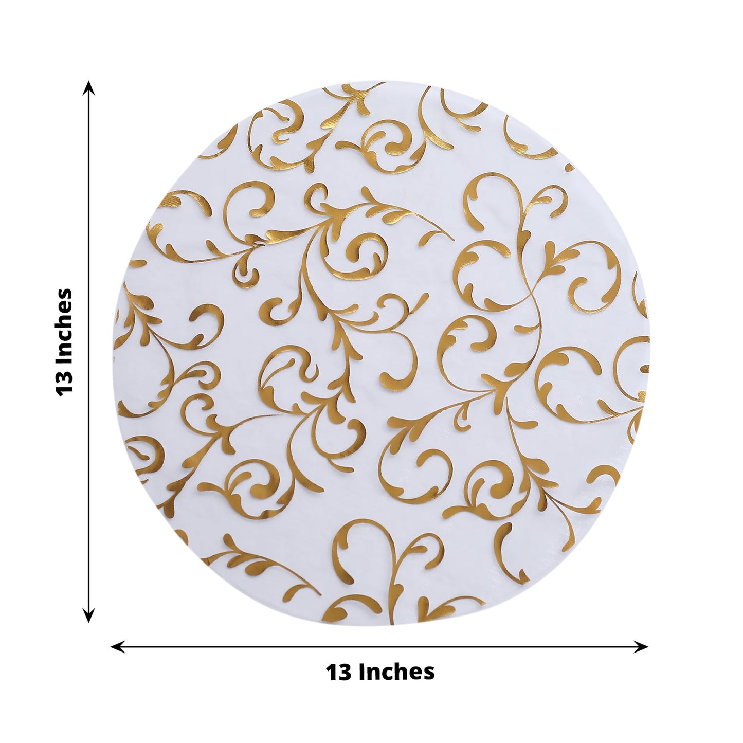 Metallic gold sheer organza round placemat with embossed foil flower design.