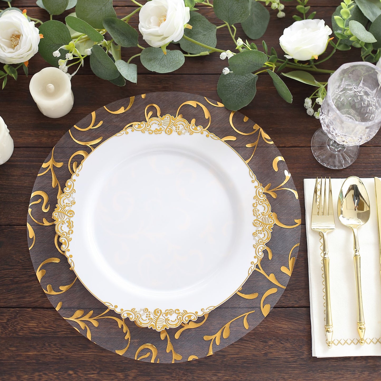 Metallic gold sheer organza dining table mat with embossed foil flower design.