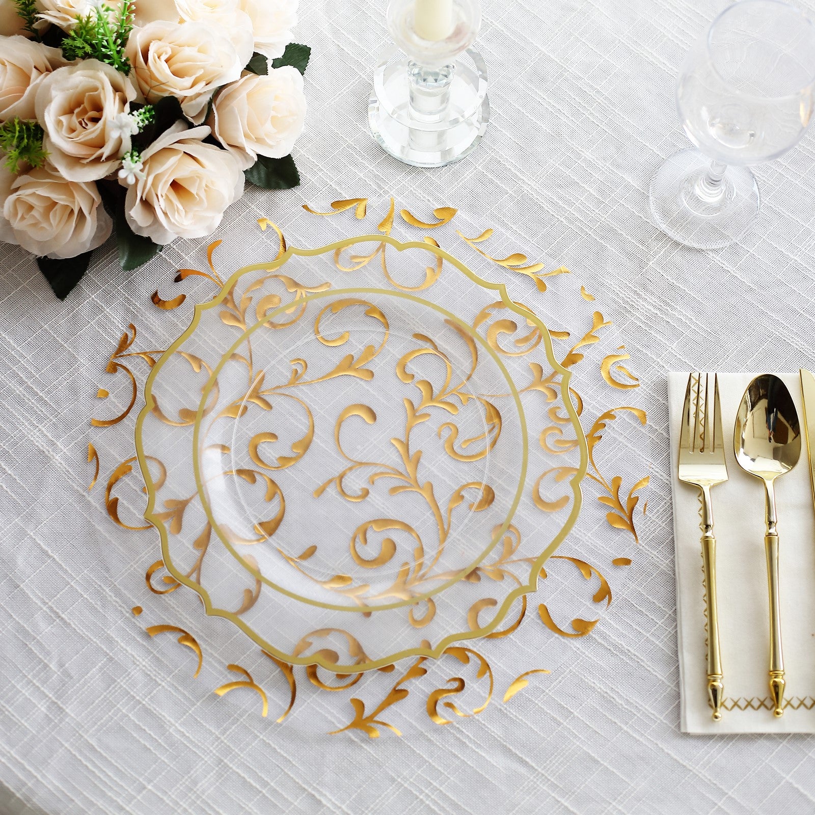 Metallic gold sheer organza dining table mat with embossed flower design.