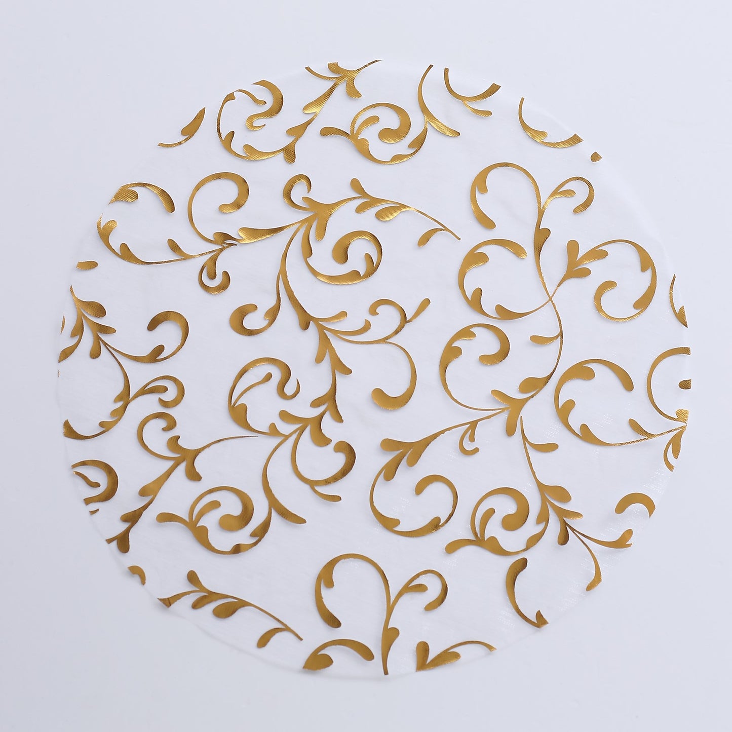Metallic gold sheer organza placemat with embossed foil flower design.