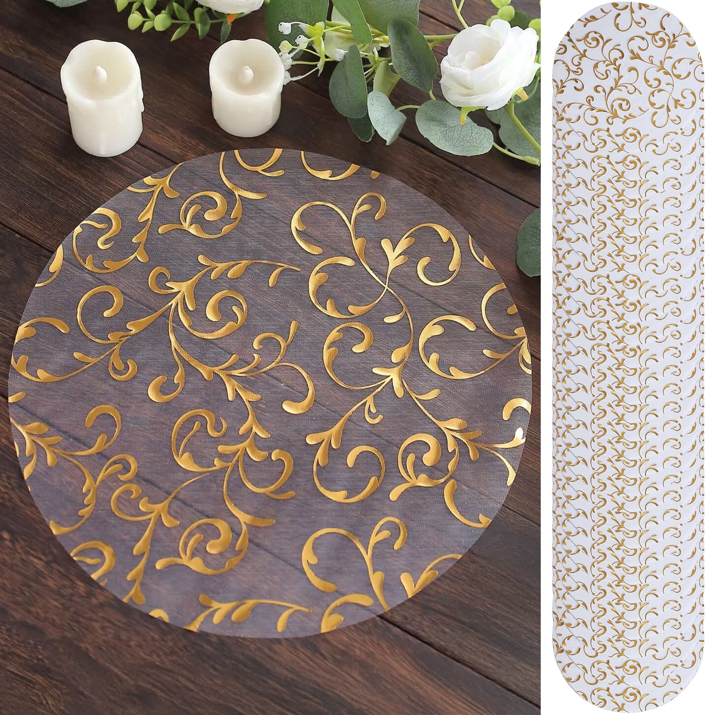 50 Pack Metallic Gold Sheer Organza Dining Table Mats with Embossed Foil Flower Design, 13" Round Disposable Placemats
