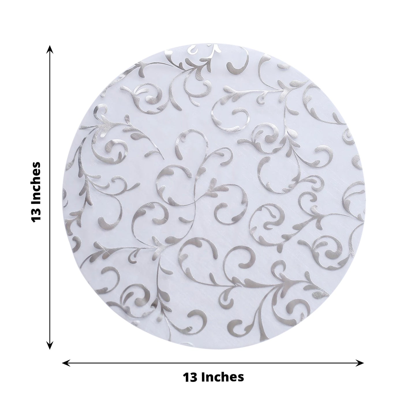Metallic silver sheer organza round placemat with embossed foil flower design.