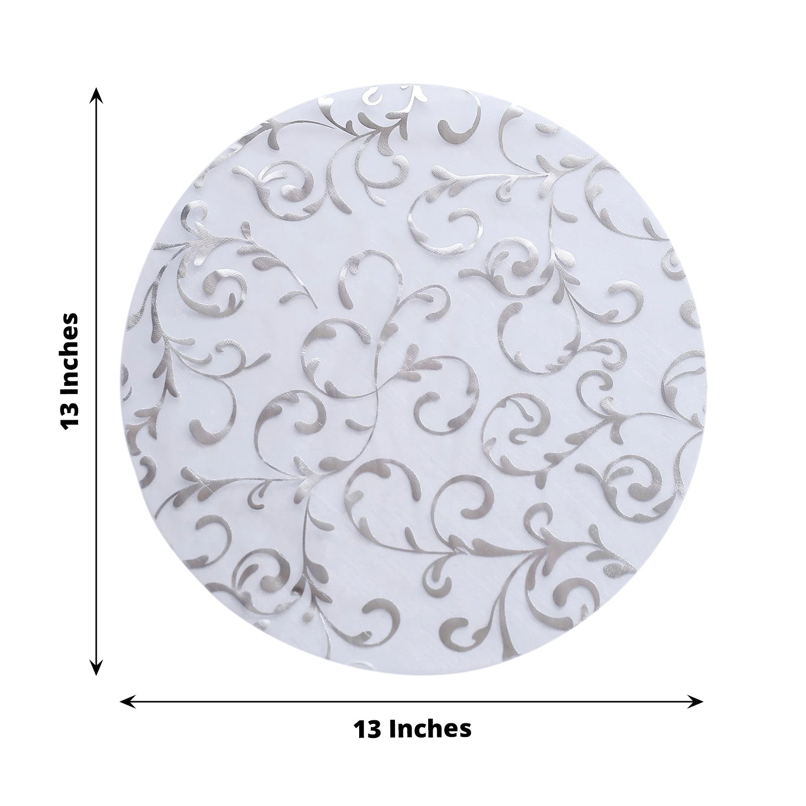 Metallic silver sheer organza round placemat with embossed foil flower design.