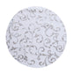 Metallic silver sheer organza round placemat with embossed foil flower design.