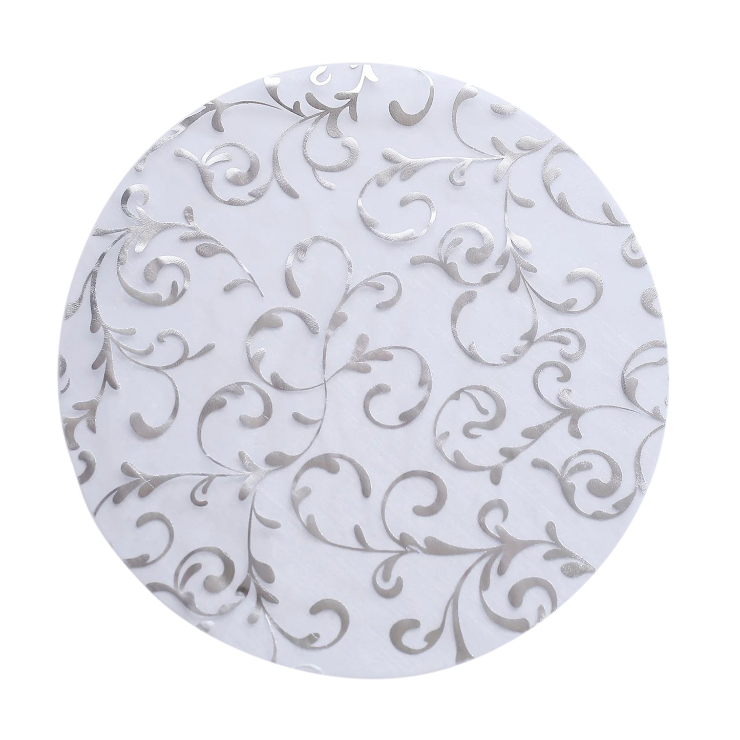 Metallic silver sheer organza round placemat with embossed foil flower design.