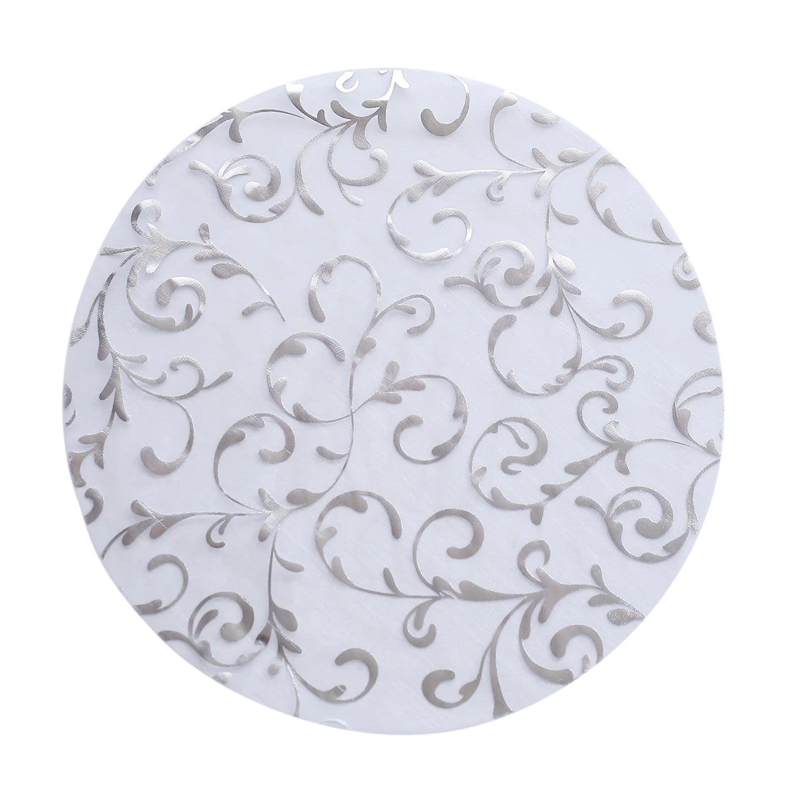 Metallic silver sheer organza round placemat with embossed foil flower design.