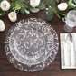 Metallic silver sheer organza table mat with embossed flower design, 13" round.