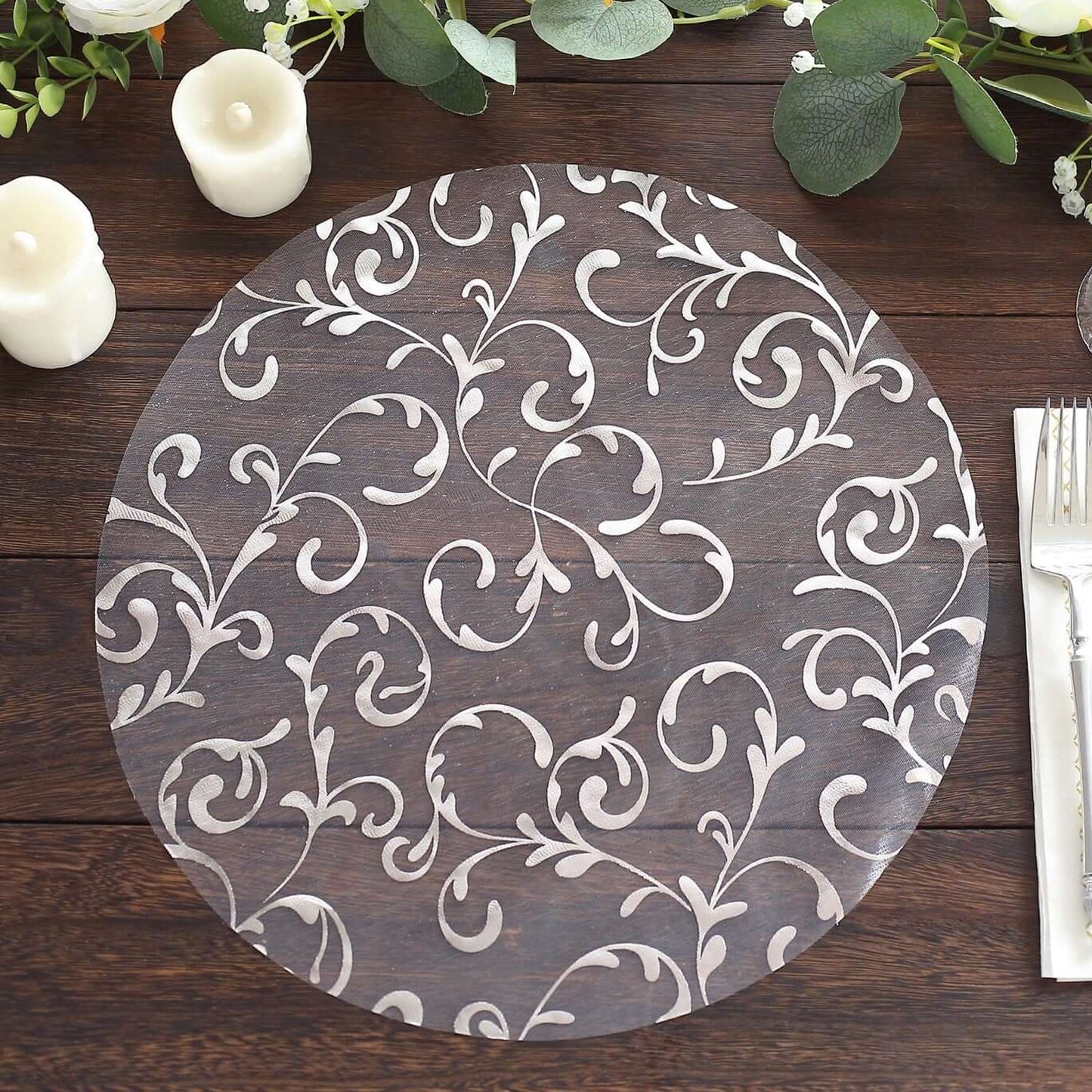 50 Pack Metallic Silver Sheer Organza Dining Table Mats with Embossed Foil Flower Design, 13" Round Disposable Placemats