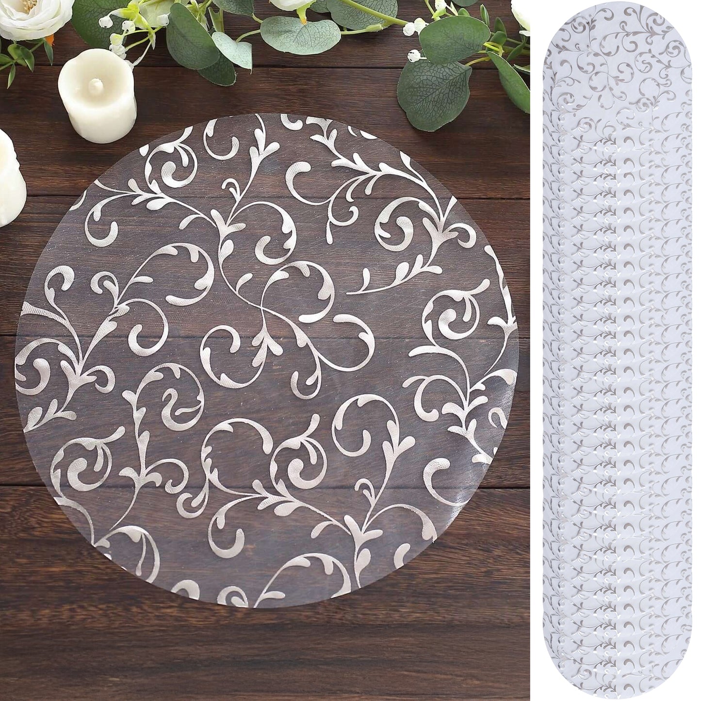 50 Pack Metallic Silver Sheer Organza Dining Table Mats with Embossed Foil Flower Design, 13" Round Disposable Placemats