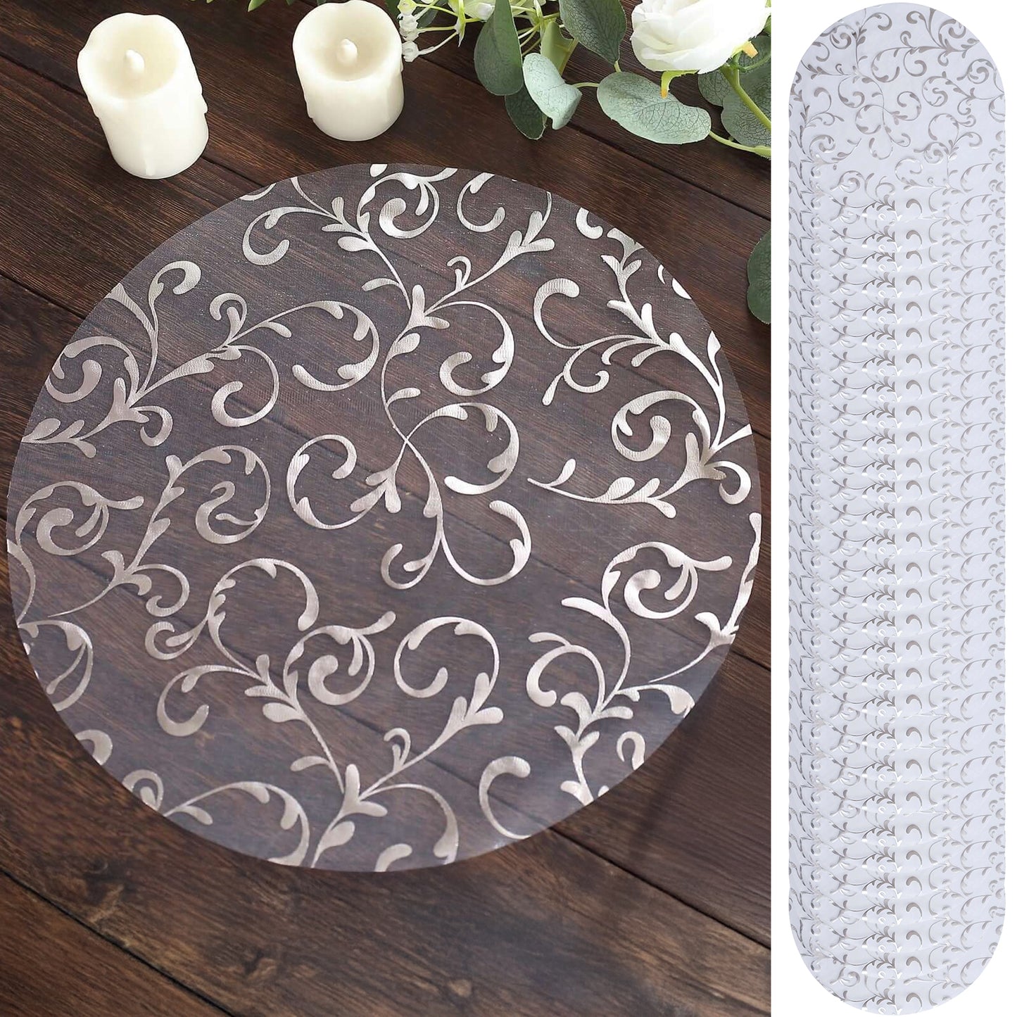 50 Pack Metallic Silver Sheer Organza Dining Table Mats with Embossed Foil Flower Design, 13" Round Disposable Placemats