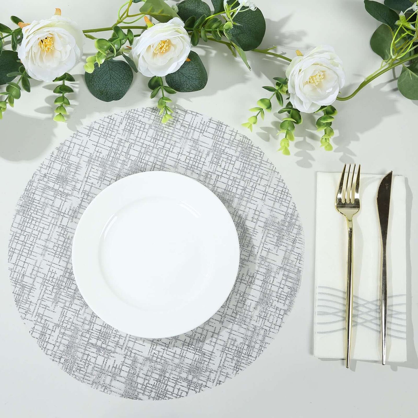 50-Pack Table Placemats Glitter Design Metallic Silver Round - Mesh Polyester Disposable Mats 13"
