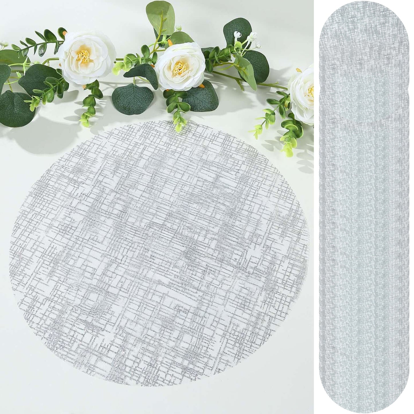 50-Pack Table Placemats Glitter Design Metallic Silver Round - Mesh Polyester Disposable Mats 13"