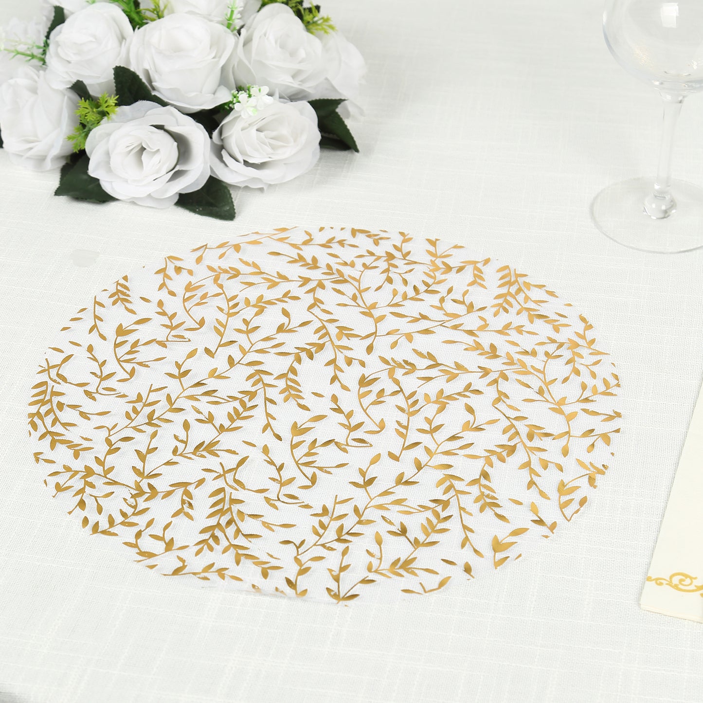 10 Pack White Mesh Organza Dining Table Mats with Gold Foil Leaf Vines, Floral Round Disposable Placemats - 13"