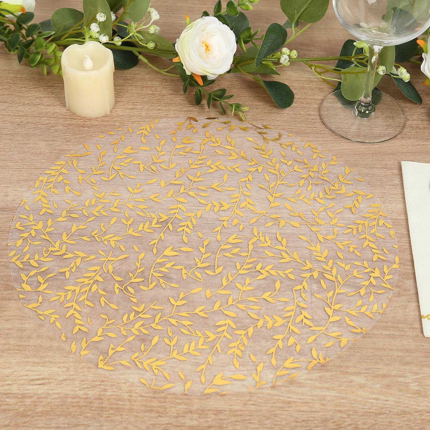 10 Pack White Mesh Organza Dining Table Mats with Gold Foil Leaf Vines, Floral Round Disposable Placemats - 13"