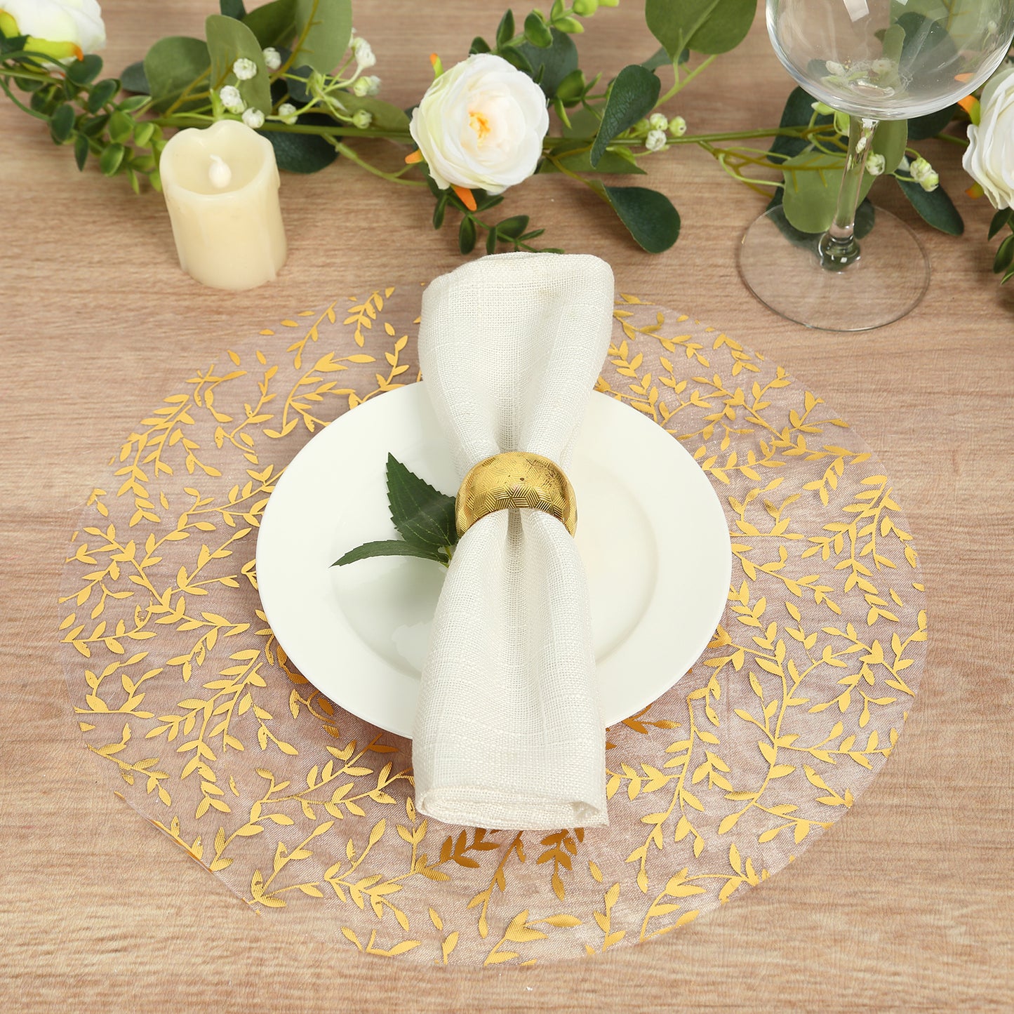 10 Pack White Mesh Organza Dining Table Mats with Gold Foil Leaf Vines, Floral Round Disposable Placemats - 13"