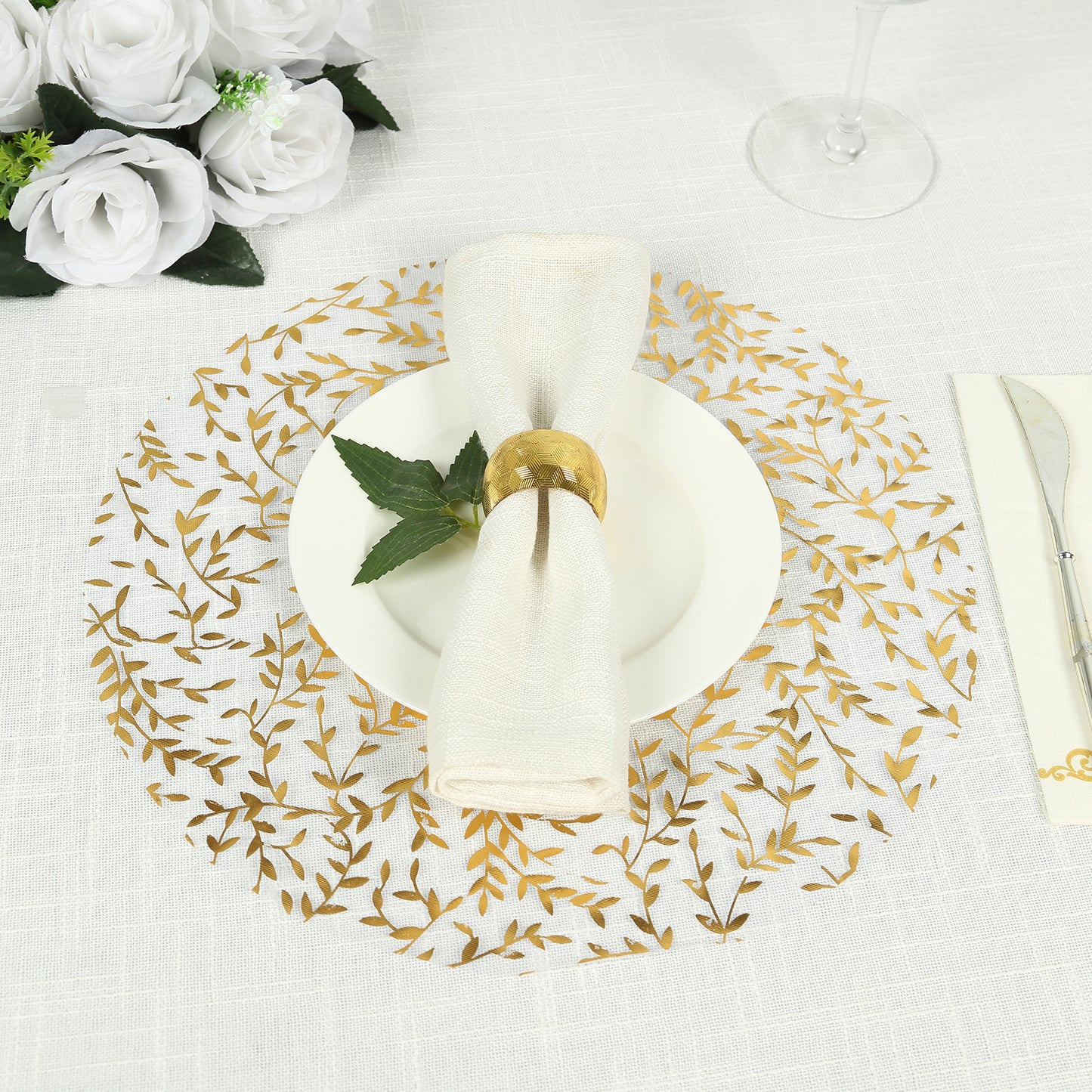 10 Pack White Mesh Organza Dining Table Mats with Gold Foil Leaf Vines, Floral Round Disposable Placemats - 13"