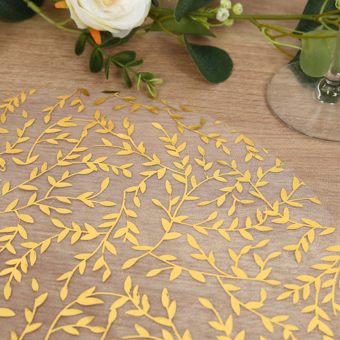 10 Pack White Mesh Organza Dining Table Mats with Gold Foil Leaf Vines, Floral Round Disposable Placemats - 13"