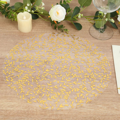 50-Pack Organza Table Placemats 13" Round Gold Foil Leaf Vine Design White