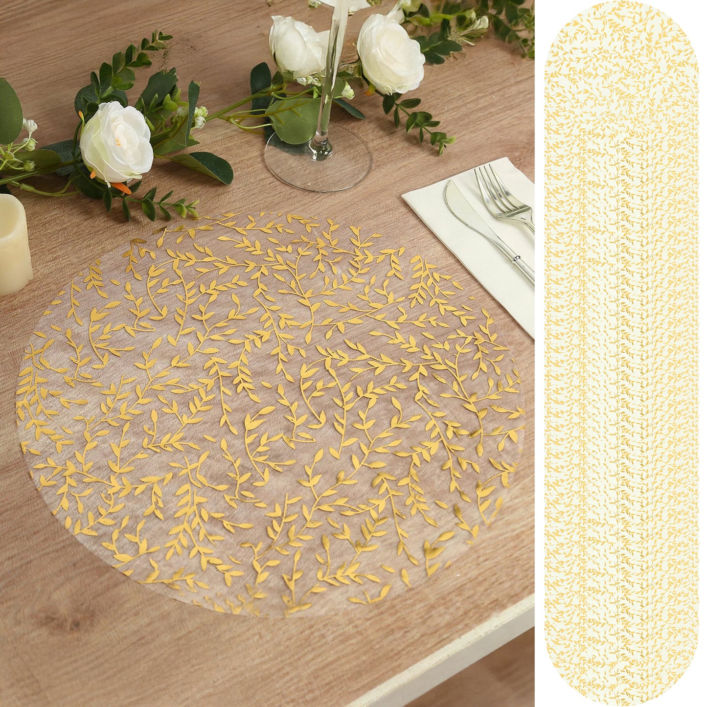 50 Pack White Mesh Organza Dining Table Mats with Gold Foil Leaf Vines, Floral Round Disposable Placemats - 13"
