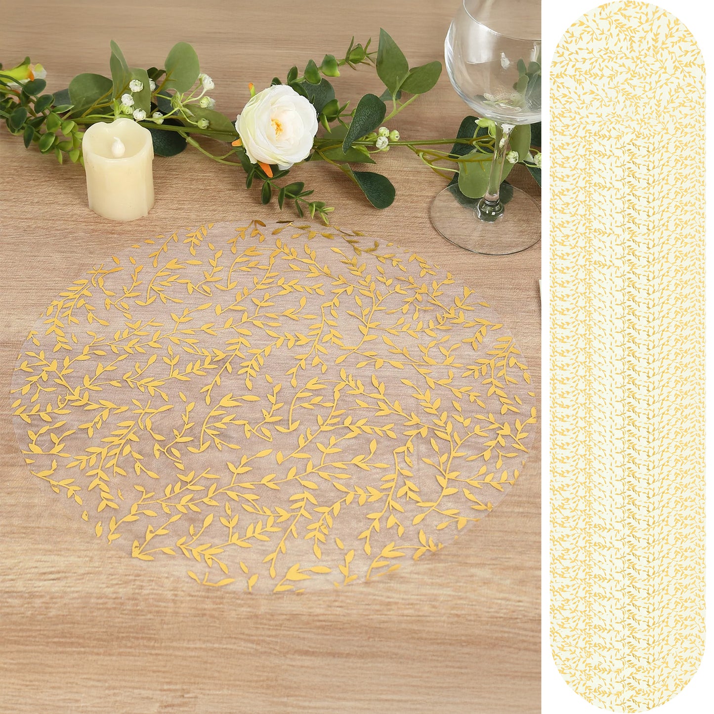 50 Pack White Mesh Organza Dining Table Mats with Gold Foil Leaf Vines, Floral Round Disposable Placemats - 13"