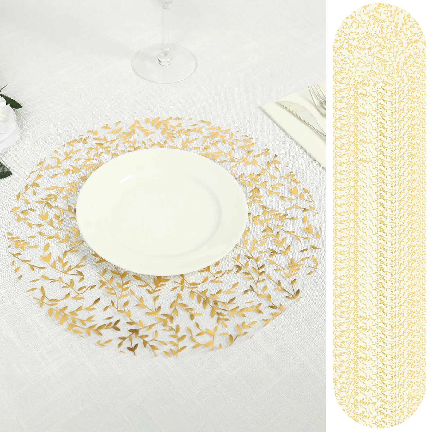 50 Pack White Mesh Organza Dining Table Mats with Gold Foil Leaf Vines, Floral Round Disposable Placemats - 13"