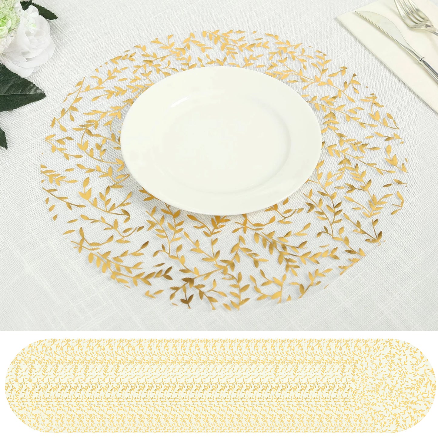 50 Pack White Mesh Organza Dining Table Mats with Gold Foil Leaf Vines, Floral Round Disposable Placemats - 13"