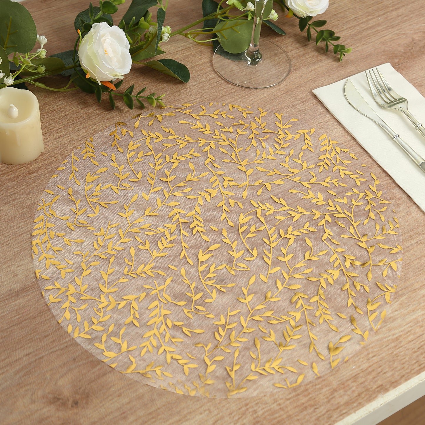10 Pack White Mesh Organza Dining Table Mats with Gold Foil Leaf Vines, Floral Round Disposable Placemats - 13"