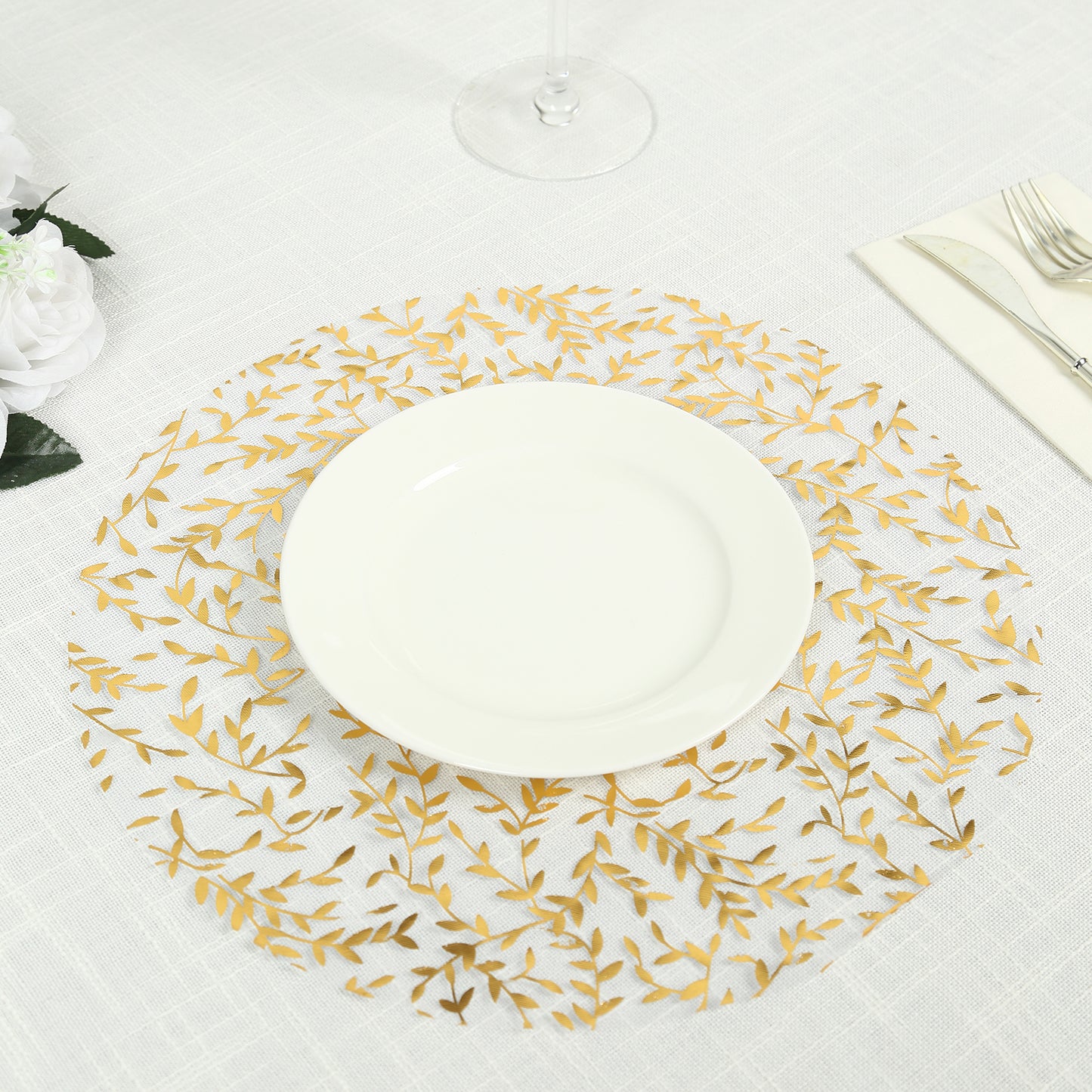 10 Pack White Mesh Organza Dining Table Mats with Gold Foil Leaf Vines, Floral Round Disposable Placemats - 13"