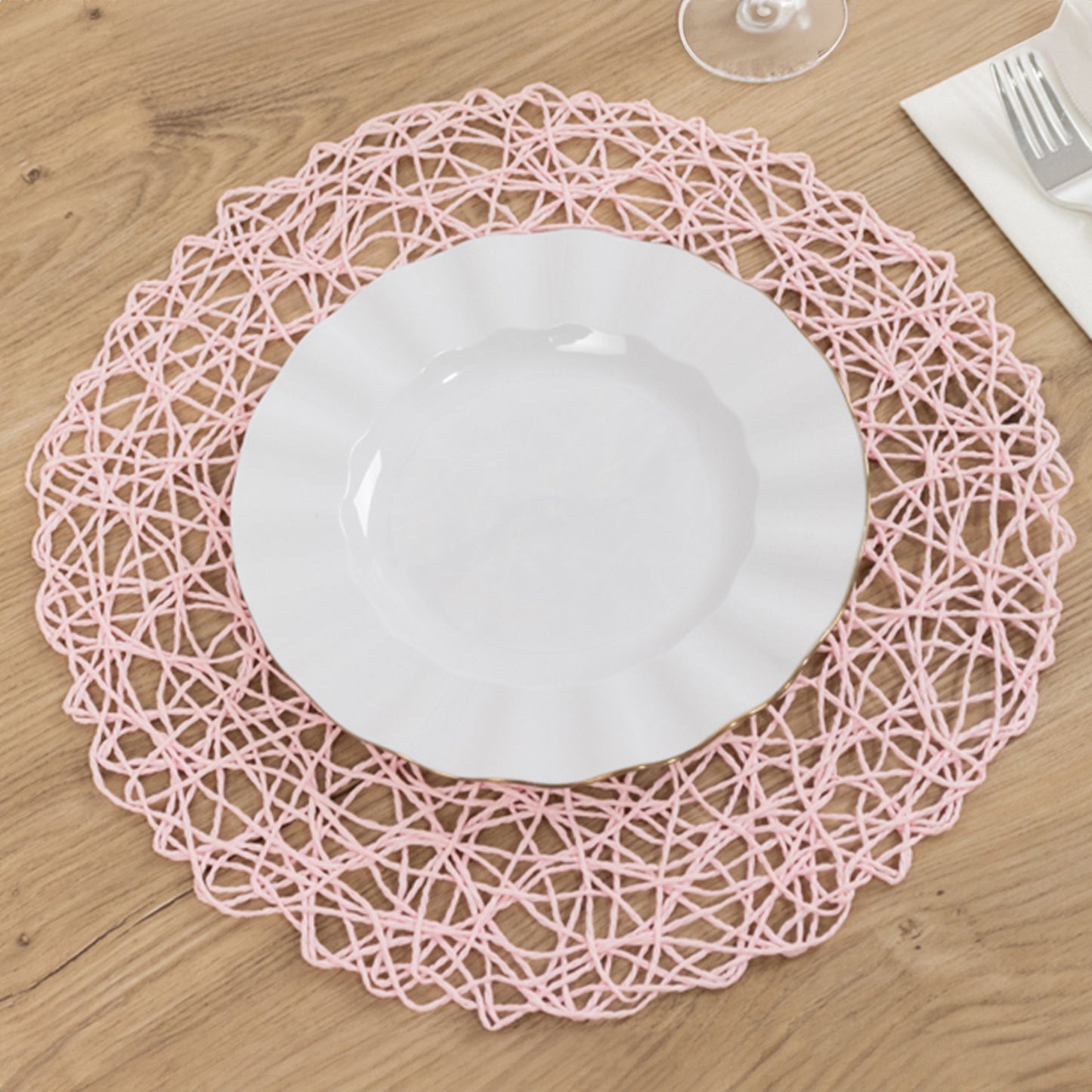 6 Pack Blush Woven Fiber Disposable Placemats, Round Table Mats 15"