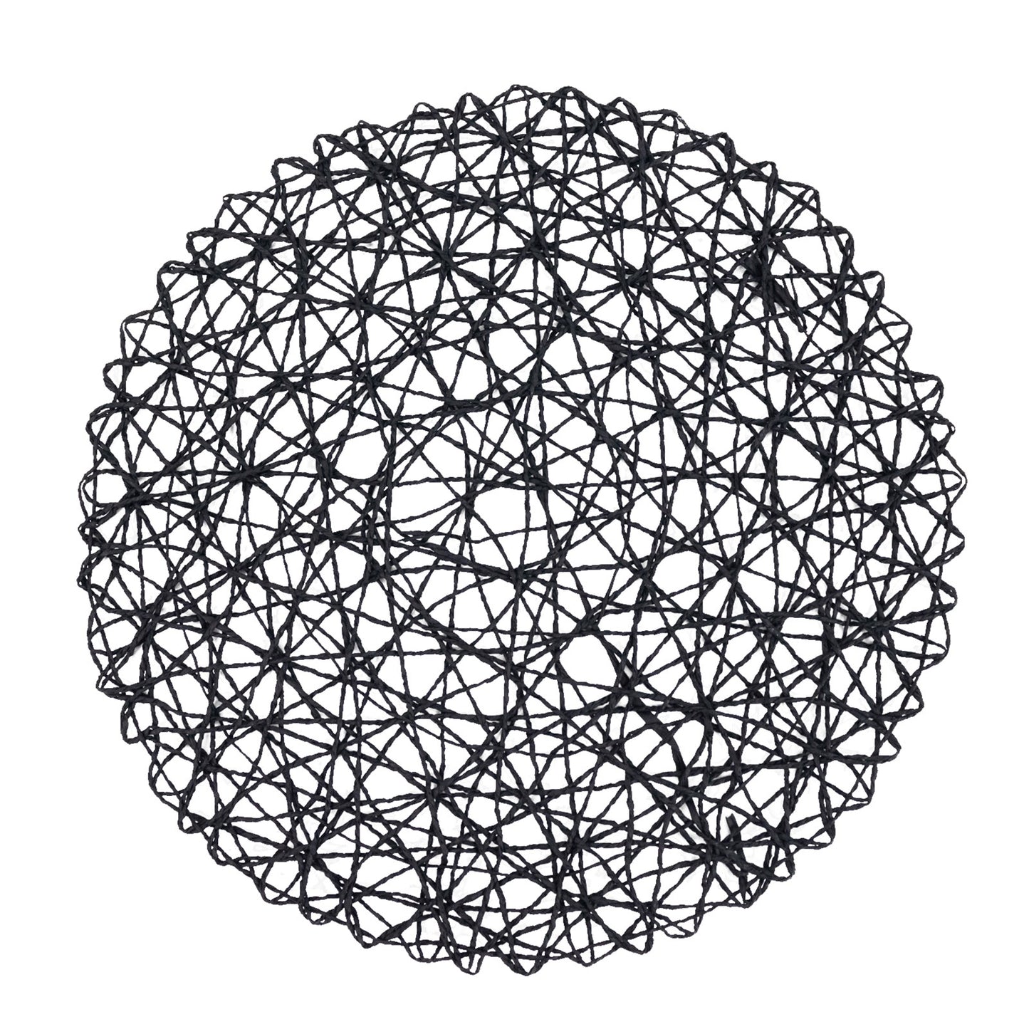Black round woven fiber placemat for dining and events.