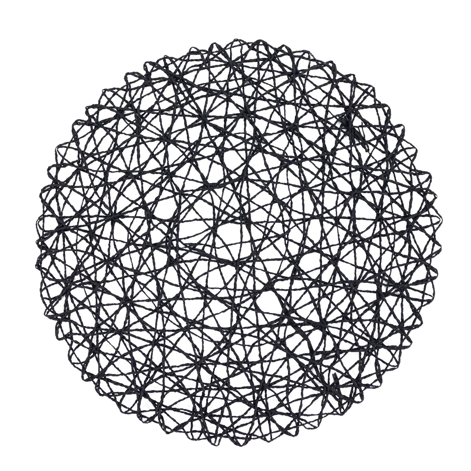 Black round woven fiber placemat for dining and events.