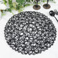 Black round woven fiber placemat for dining and events.