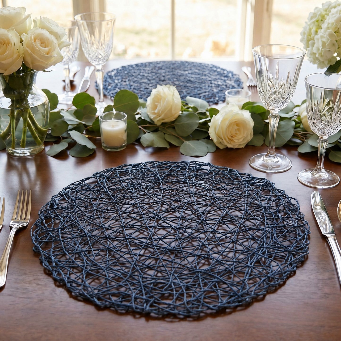 6-Pack Table Placemats Woven Fiber Design Denim Blue Round - Disposable Mats for Dining and Events 1