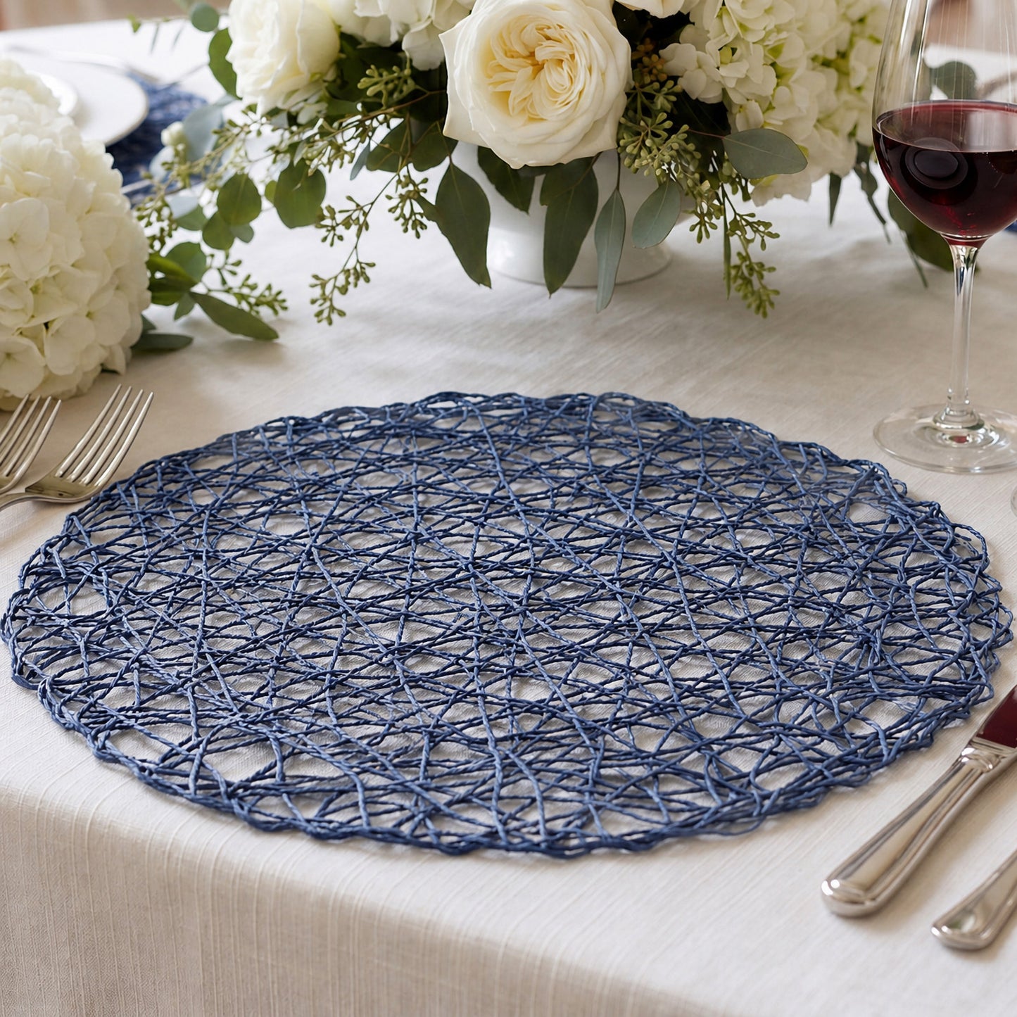 6-Pack Table Placemats Woven Fiber Design Denim Blue Round - Disposable Mats for Dining and Events 1