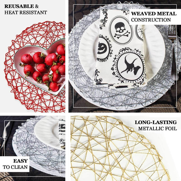 Gold metallic woven disposable placemats for round tables, 15 inches in size.