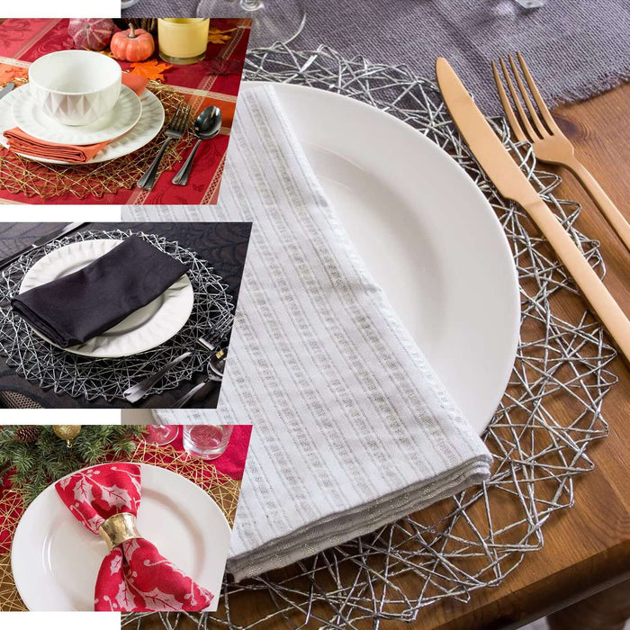 6 Pack | 15" Silver Metallic String Woven Placemats, Round Table Mats