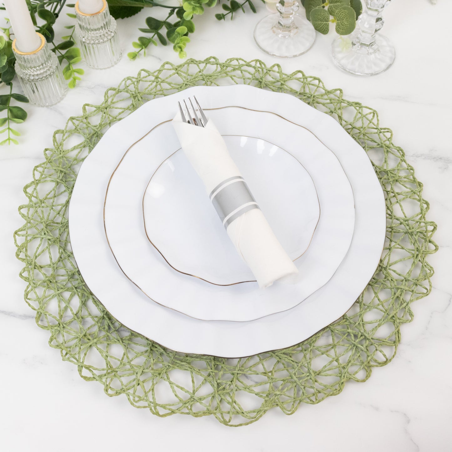 6-Pack Table Placemats Woven Fiber Design Sage Green Round - Disposable Mats for Dining and Events 15"