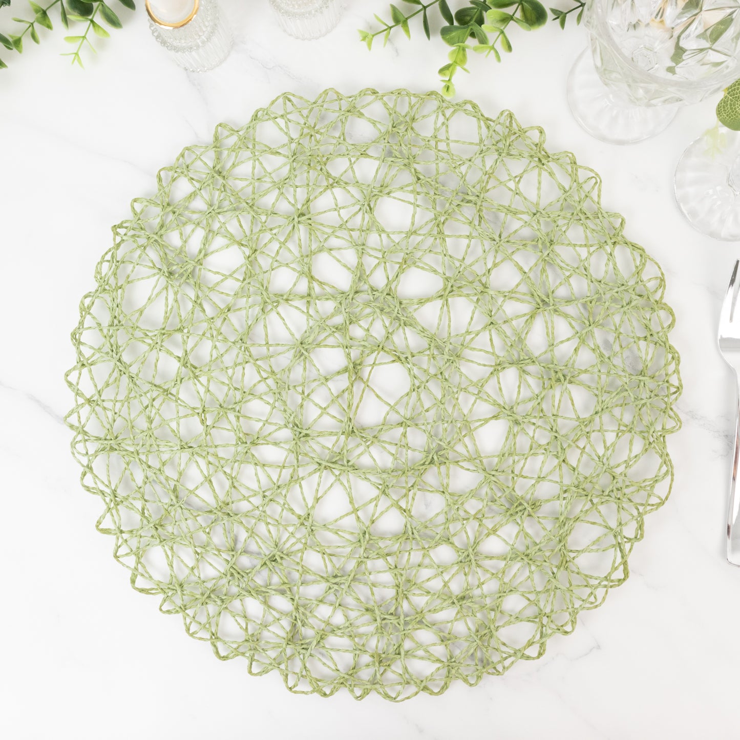 6-Pack Table Placemats Woven Fiber Design Sage Green Round - Disposable Mats for Dining and Events 15"