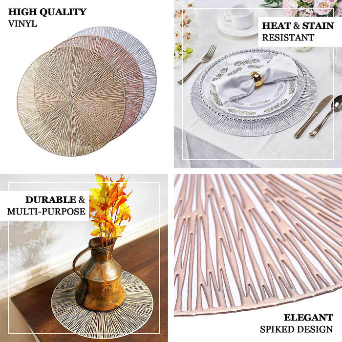 6 Pack | 15" Gold Metallic Non-Slip Placemats, Spiked Design Round Vinyl Table Mats