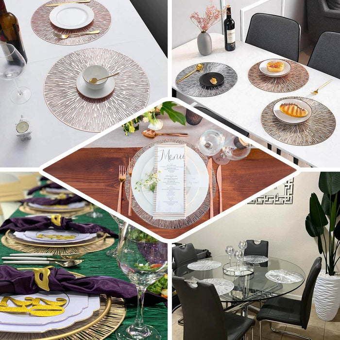 6 Pack | 15" Gold Metallic Non-Slip Placemats, Spiked Design Round Vinyl Table Mats