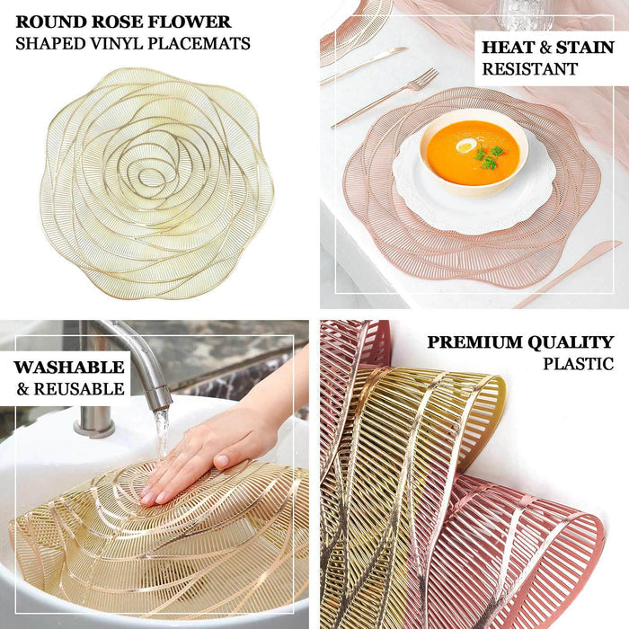 6 Pack | 15" Metallic Gold Round Washable Rose Flower Placemats, Non Slip Vinyl Dining Table Mats