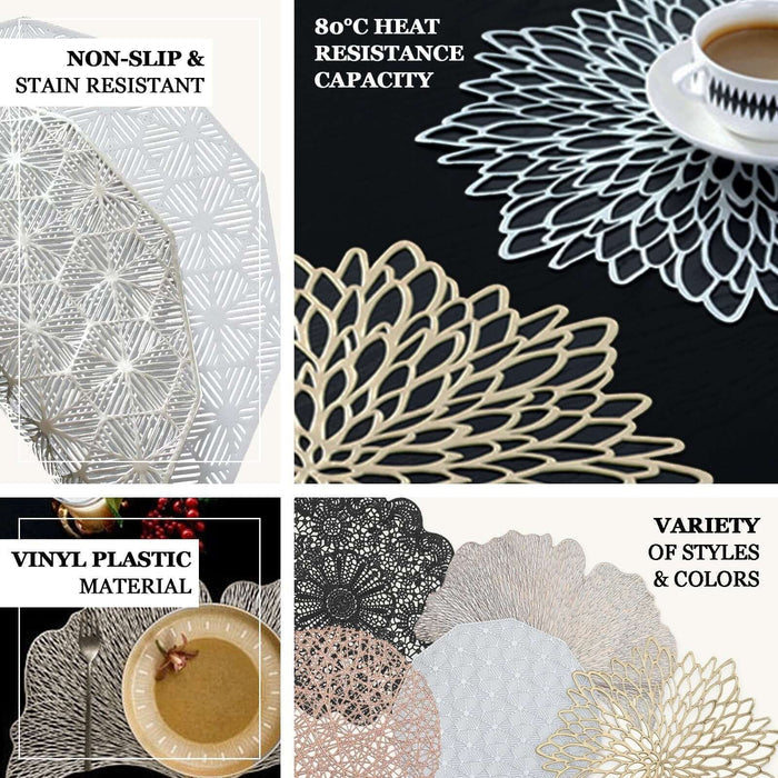 6 Pack | 15" Black Vintage Floral Lace Vinyl Placemats, Non-Slip Dining Table Mats