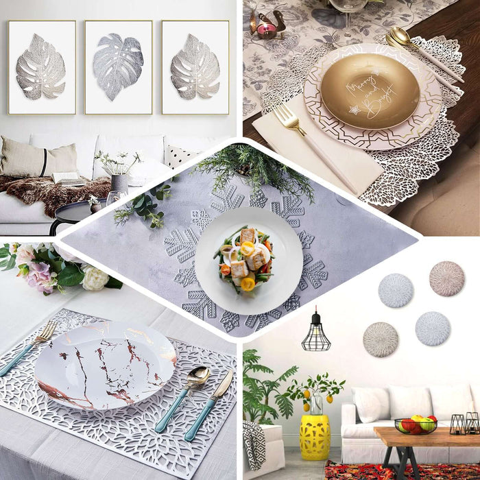 6 Pack | 18" Silver Metallic Snowflake Vinyl Placemats, Non-Slip Winter Wonderland Table Mats